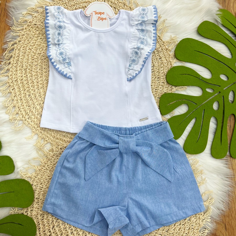 Conjunto Branco e Azul com mangas bordadas